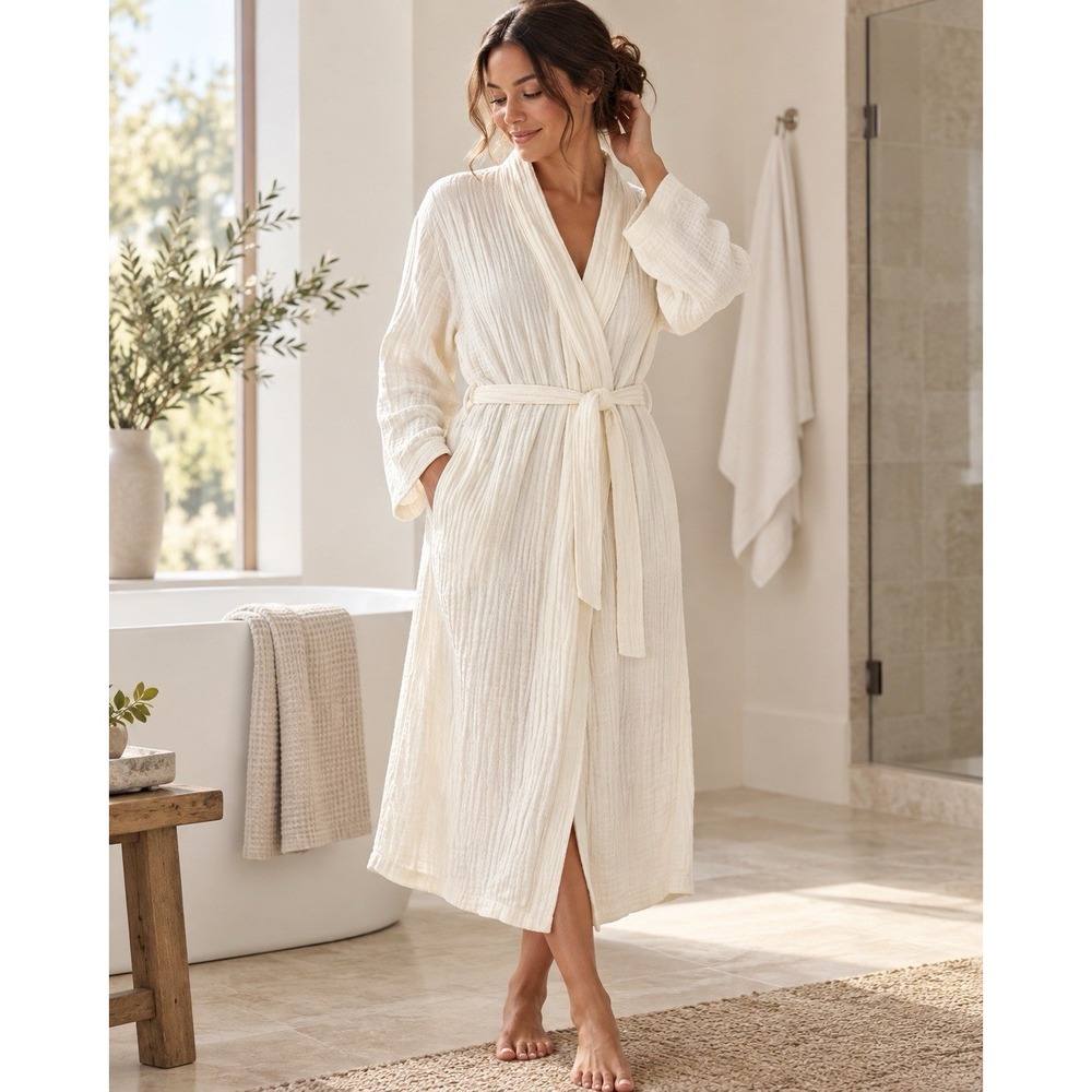 Knix Cotton Breeze Robe L/XL Ivory 100% Cotton Gauze Wrap Belted NWT